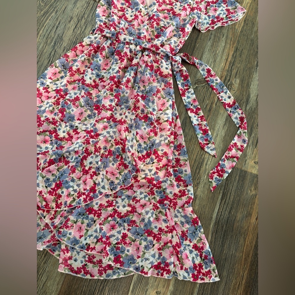 Pretty Garden M Floral Ruffle Hem Wrap Chiffon Belted Dress S/S V-Neck Colorful - Picture 8 of 11